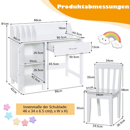 Kinderschreibtisch und Stuhl-Set, Holz, Weiß, mit Ablagemöglichkeiten