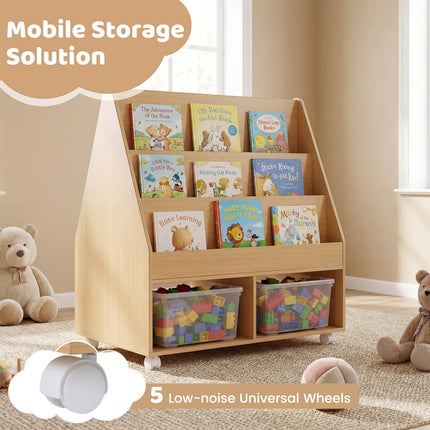 Bibliothèque double face pour enfants sur roulettes avec tableau noir
