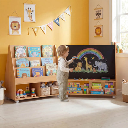 Bibliothèque double face pour enfants sur roulettes avec tableau noir