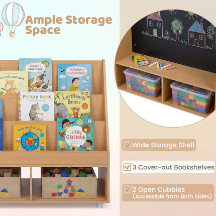 Bibliothèque double face pour enfants sur roulettes avec tableau noir
