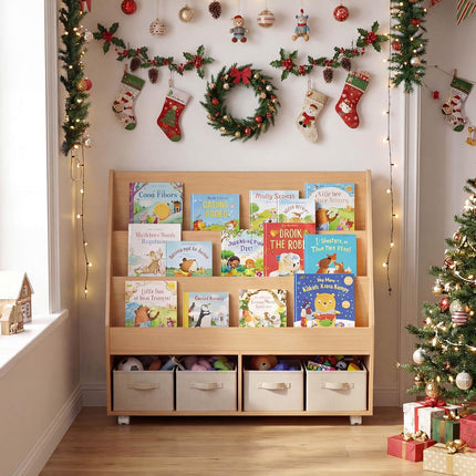 Bibliothèque double face pour enfants sur roulettes avec tableau noir