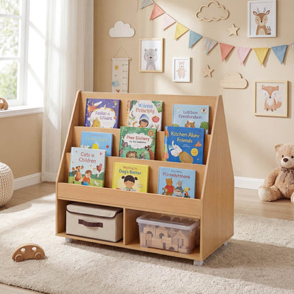 Bibliothèque double face pour enfants sur roulettes avec tableau noir