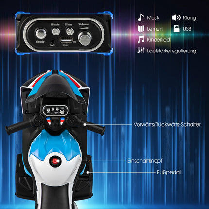 Moto électrique à 3 roues pour enfants avec musique, bleue