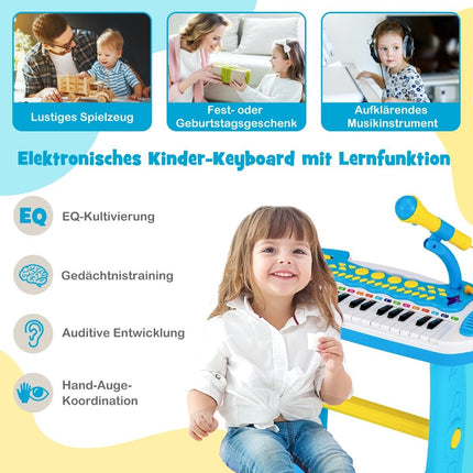 Clavier électronique pour enfants avec tabouret et micro, 31 touches, bleu