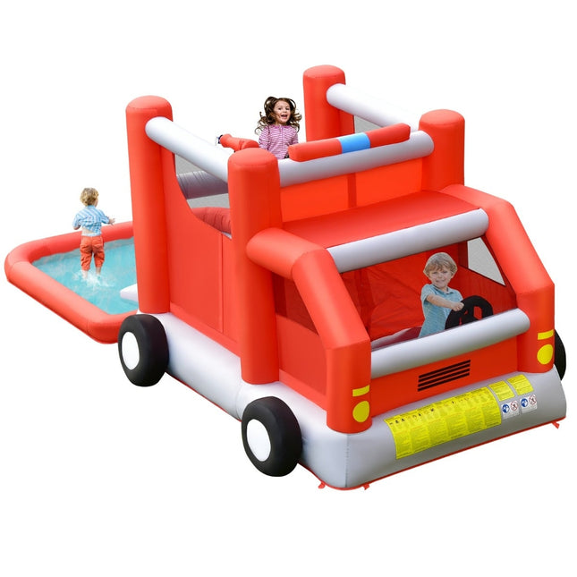 Toboggan aquatique pour enfants en forme de camion de pompiers avec pataugeoire, 564 x 268 x 212 cm
