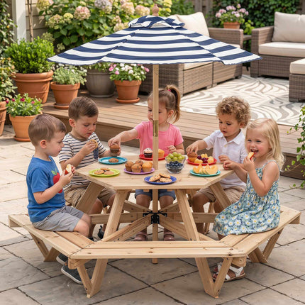 Sechseckiger Picknicktisch für Kinder mit Sonnenschirm – Naturholz
