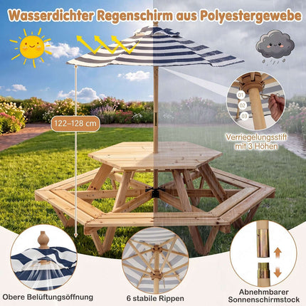 Sechseckiger Picknicktisch für Kinder mit Sonnenschirm – Naturholz
