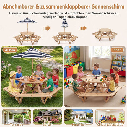 Sechseckiger Picknicktisch für Kinder mit Sonnenschirm – Naturholz