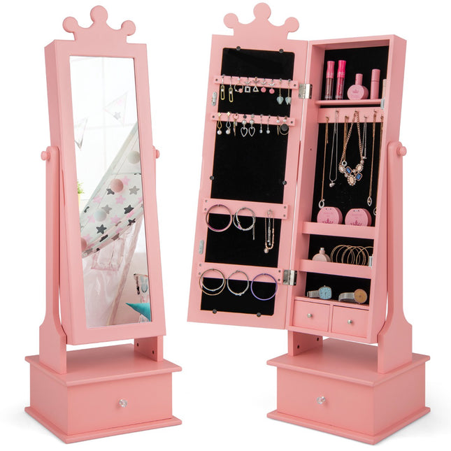 Armoire à bijoux pour enfants avec miroir pleine longueur et tiroirs, rose