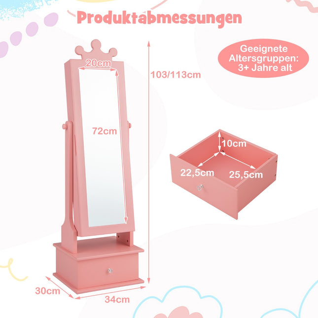Armoire à bijoux pour enfants avec miroir pleine longueur et tiroirs, rose