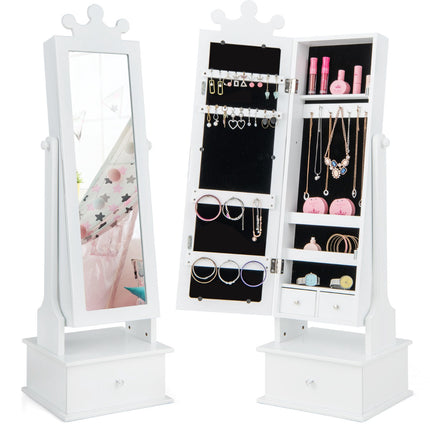 Armoire à bijoux pour enfants avec miroir pleine longueur et tiroirs, rose et blanc