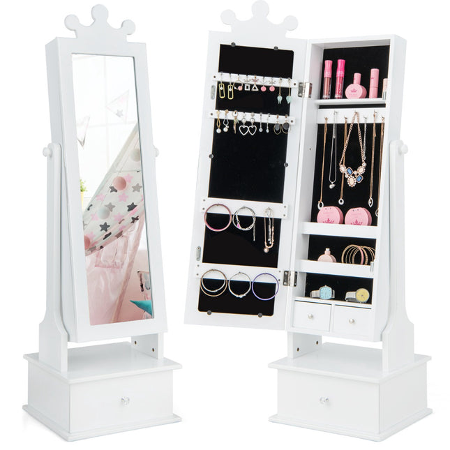 Armoire à bijoux pour enfants avec miroir pleine longueur et tiroirs, rose et blanc