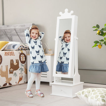 Armoire à bijoux pour enfants avec miroir pleine longueur et tiroirs, rose et blanc