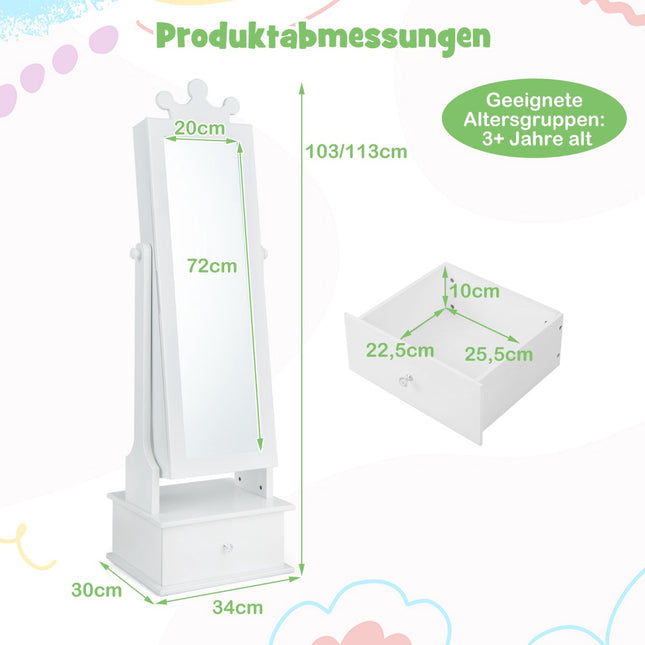 Armoire à bijoux pour enfants avec miroir pleine longueur et tiroirs, rose et blanc