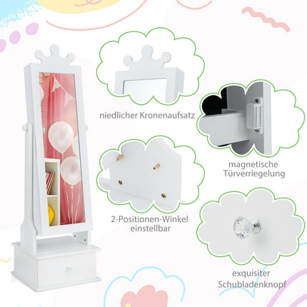 Armoire à bijoux pour enfants avec miroir pleine longueur et tiroirs, rose et blanc