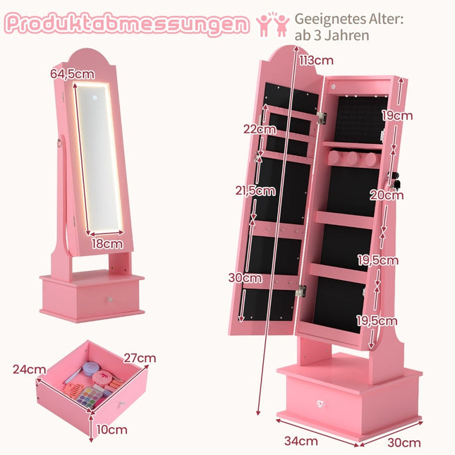 Armoire à bijoux pour enfants avec miroir et lumières LED, rose