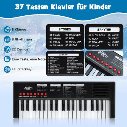Kinder Keyboard Klavier, 37 Tasten, 8 Rhythmen & Klänge, Schwarz
