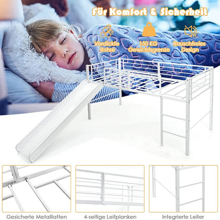 Cadre de lit mezzanine pour enfants avec toboggan et garde-corps, 198 x 96 x 109 cm