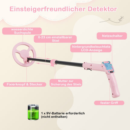 Détecteur de métaux pour enfants, réglable de 62 à 85 cm, écran LCD, rose