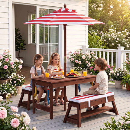 Picknicktisch-Set aus Holz für Kinder im Freien mit Sonnenschirm