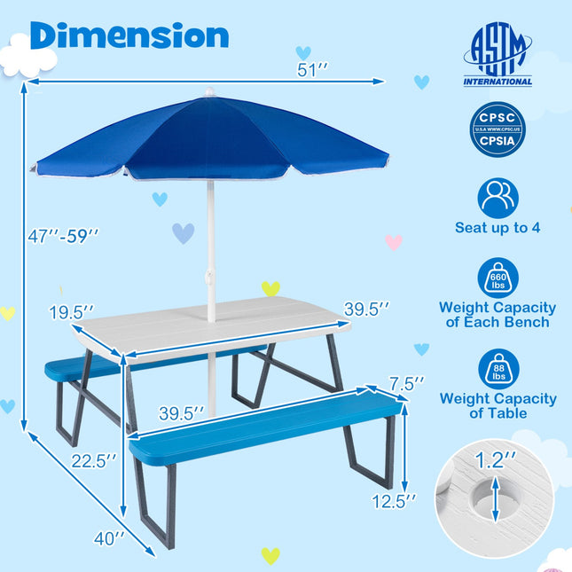 Ensemble table de pique-nique pour enfants avec parasol réglable, bleu