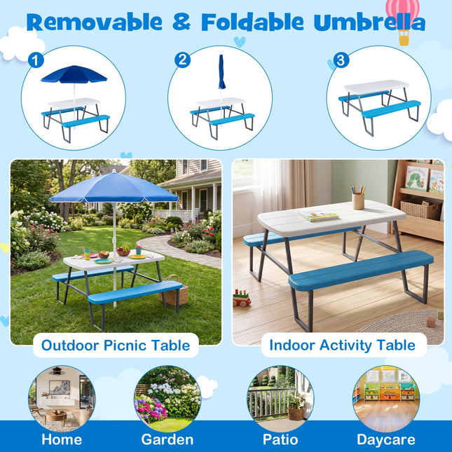 Ensemble table de pique-nique pour enfants avec parasol réglable, bleu