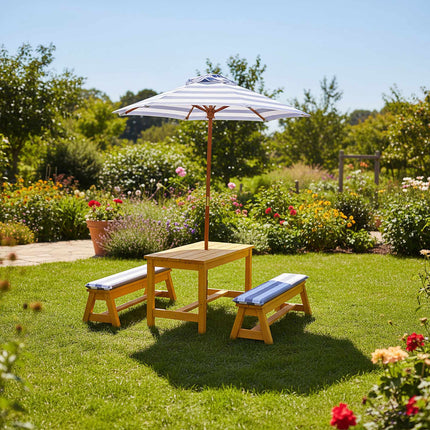 Ensemble table de pique-nique pour enfants avec parasol et coussins