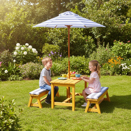 Ensemble table de pique-nique pour enfants avec parasol et coussins