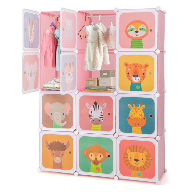 Armoire en plastique pour enfants avec 12 cubes et portes, rose