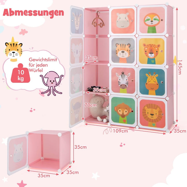 Armoire en plastique pour enfants avec 12 cubes et portes, rose