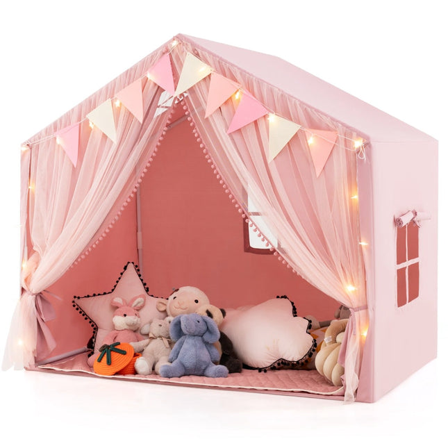 Tente de jeu pour enfants avec rideaux et guirlande lumineuse en forme d'étoiles, rose, grande taille