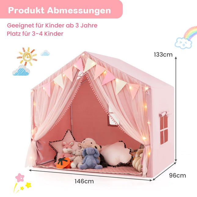 Tente de jeu pour enfants avec rideaux et guirlande lumineuse en forme d'étoiles, rose, grande taille