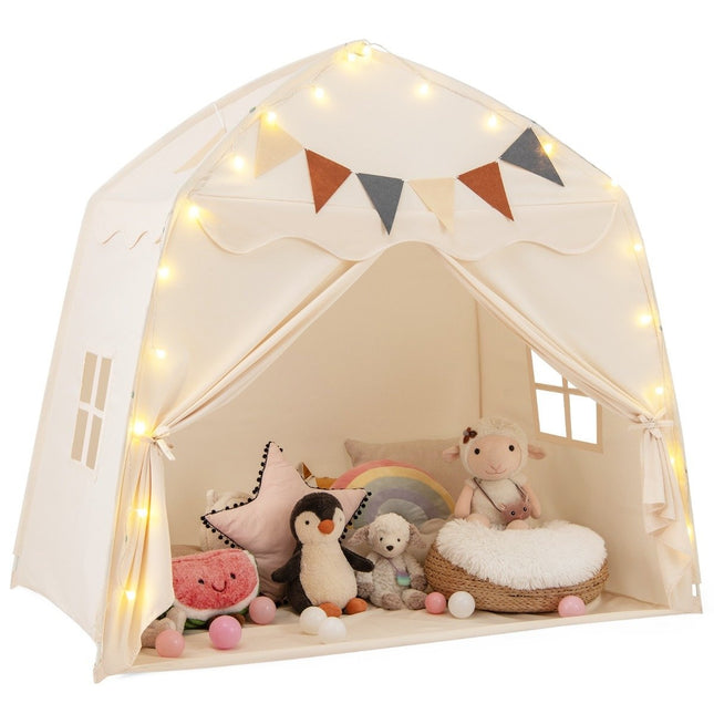 Tente de jeu pour enfants avec drapeaux et lumières, grande maisonnette beige