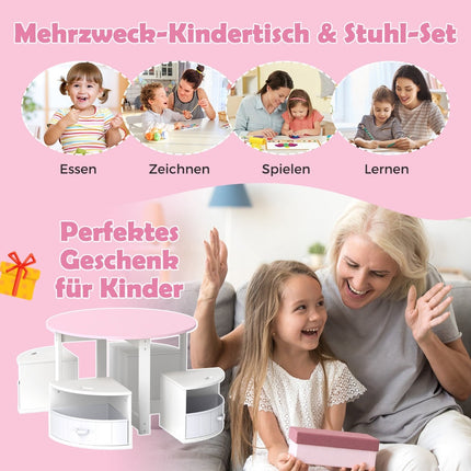 Ensemble table ronde pour enfants avec 4 tabourets de rangement, rose