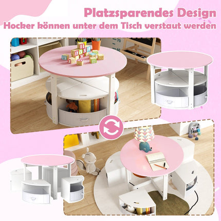 Ensemble table ronde pour enfants avec 4 tabourets de rangement, rose