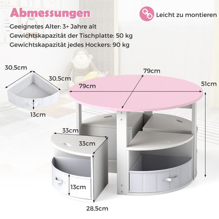 Ensemble table ronde pour enfants avec 4 tabourets de rangement, rose