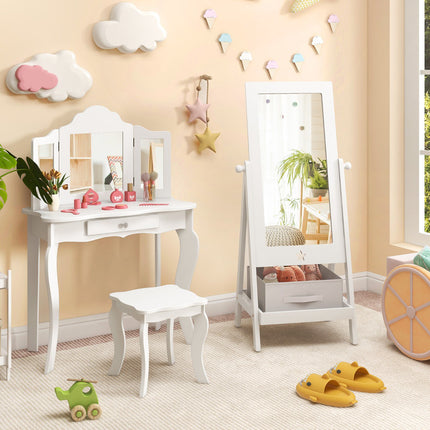 Kinder Standspiegel, 360° drehbar, Regal und Haken, Weiß