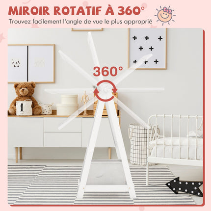 Kinder Standspiegel, 360° drehbar, Regal und Haken, Weiß