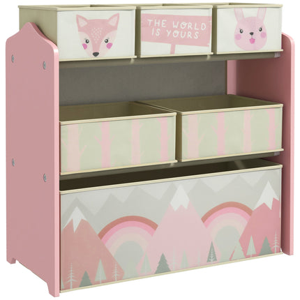 Kinder Aufbewahrungsschrank mit 6 Stoffboxen, Rosa, 63x30x66 cm