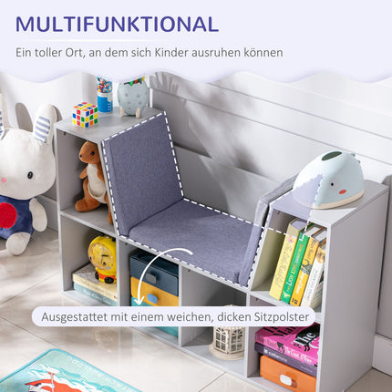 Étagère de rangement et banc pour enfants avec coussin, blanc/gris