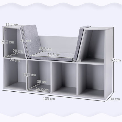 Étagère de rangement et banc pour enfants avec coussin, blanc/gris
