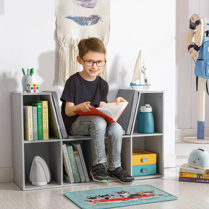 Étagère de rangement et banc pour enfants avec coussin, blanc/gris