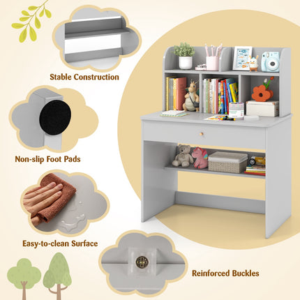 Bureau enfant avec tiroir et étagère de rangement, gris