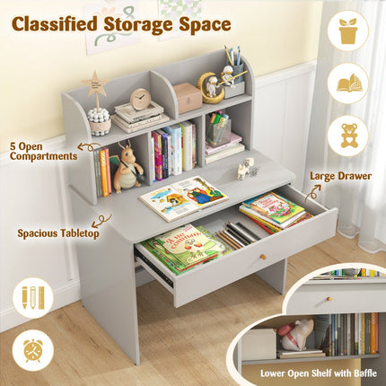 Bureau enfant avec tiroir et étagère de rangement, gris