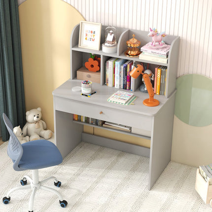 Bureau enfant avec tiroir et étagère de rangement, gris