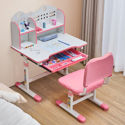 Kids Study Desk and Chair Set - Adjustable Height, Bookshelf, Pink
