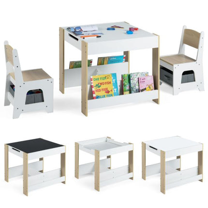 Kindertisch und 2 Stühle Set, beidseitig verwendbare Tischplatte, Stauraum