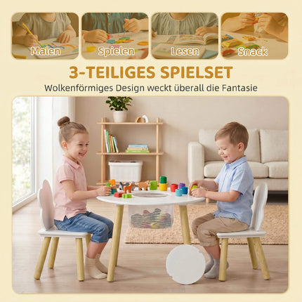 Ensemble table et 2 chaises pour enfants avec rangement, blanc/naturel