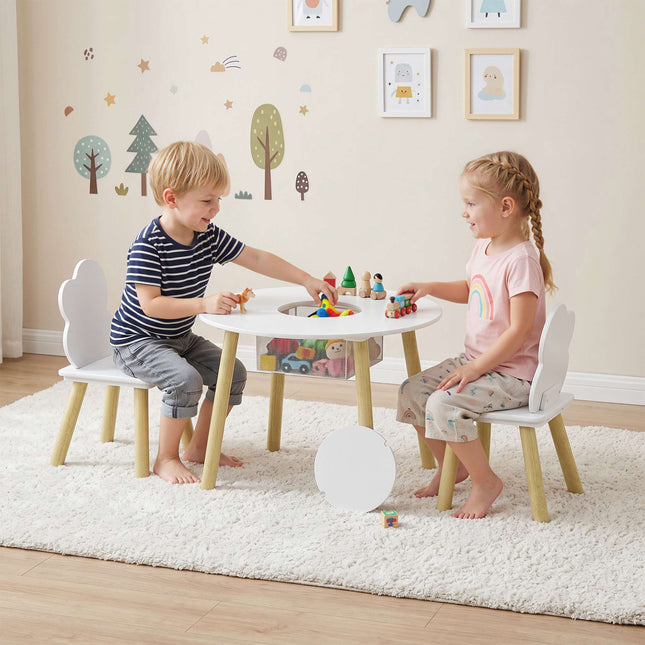 Ensemble table et 2 chaises pour enfants avec rangement, blanc/naturel