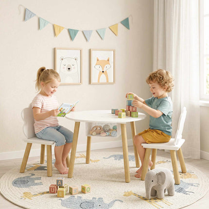 Ensemble table et 2 chaises pour enfants avec rangement, blanc/naturel